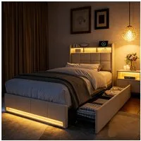 Furnishings Home Polsterbett 90x200 cm, LED Stauraumbett Jugendbett (1-tlg., Leinenmaterial, Komforthöhe, Leises Design Bett), Mit Ladefunktion und 2 Schubladen LED-Beleuchtung Einzelbett