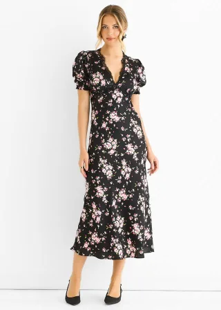 Schwarzes Midikleid mit floralem Spitzenbesatz und Bias
