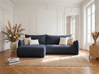 Ecksofa Schlafsofa MAILAND in Stoff Tilia Dunkelblau Ottomane Links