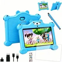 LETGOSPT 7 Zoll 4GB+64GB WiFi Bluetooth IPS HD-Display Android 15 Kinder Tablet (7", 64 GB, Android 15, WiFi, ab 3 Jahren Dual-Kamera mit Hülle & Stift, Google Kids Space Gemini AI)