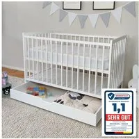 Kids Collective Babybett Babybett Kinderbett Gitterbett 60x120 Set mit Schublade, höhenverstellbarer Lattenrost & abnehmbare Sprossen, Vollholz, weiß
