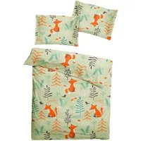 JACK Babybettwäsche 100x135cm Fuchs Wald Natur Grün, Biber, 2 teilig, süßes Kindermotiv mit Füchsen, mit Reißverschluss