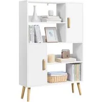 Yaheetech Bücherregal 4-Stufiges Standregal mit 2 Schrankfächern mit Türen, Modernes Offenes Standregal mit Holzfüßen