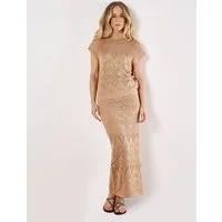 Apricot Maxirock Mixed Pointelle Knit Maxi Skirt mit zierenden Knöpfen
