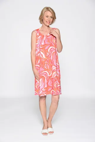 CLARINA - Rdh.-Kleid, ohne Arm, Druck pfirsich-pink - Gr. - 40