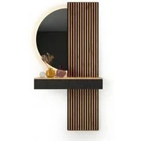 Planetmöbel Garderoben-Set AMYRA Flur Garderobe Spiegel mit Beleuchtung & Akustikpaneele, (LED Spiegel NIVORA 50 x 100 cm, Touch-Funktion, Dimmbar, Konsolentisch 100 cm mit moderner Front schwarz), Akustikpaneele 2 x 120cm mit MDF-Latten & 5mm Filzpl