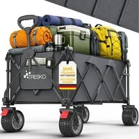 TRESKO Bollerwagen Bollerwagen faltbar 300L mit Bremse Handwagen klappbar 150kg (inkl. Vollgummireifen Faltbarer Strandwagen mit Extra Breite All-Terrain-Räder, Gartenwagen Transportwagen mit Tragetasche)