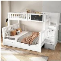 Flieks Etagenbett, Kinderbett mit Tafel Treppe Schubladen 90x200cm+140x200cm