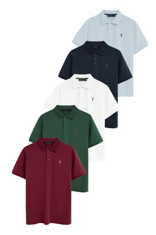Fünferpack kurzärmliger Herren-Poloshirts hellblau, marineblau, weiß, flaschengrün und granatrot mit gesticktem Rigby Go Logo