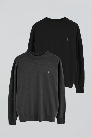 Zweierpack Herrenpullover schwarz und dunkelgrau meliert aus Wollgemisch mit gesticktem Rigby Go-Logo