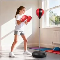 HOMCOM Punchingball Set höhenverstellbar mit 1 paar Handschuhe 1 Pump (Training Set, 1-tlg., Standbox), Geeignet für Profis und Anfänger Rot, 126-144cm