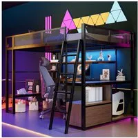 Merax Hochbett mit LED-Beleuchtung und USB-Ladestation (1-St., Jugendbett Einzelbett Stockbett) Metallbett Kinderbett 140x200cm mit Regalen Schrank und Schreibtisch