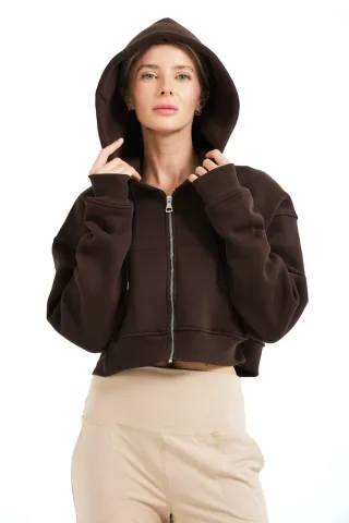 JUSTEVER Crop-Hoodie mit Reißverschluss, Kängurutasche und erhöhtem Schnitt, Farbe: Bitter Coffee, Damen-Sweatshirt - Lumen