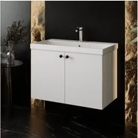 Karen Waschtisch-Set Waschtisch mit Unterschrank Mimoza, (2-St., Der Lieferumfang umfasst Unterschrank und Waschbecken), Weiße Hochglanzoptik, Knopfgriffe, Softclose