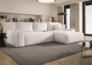 Ecksofa Schlafsofa Sofa WALKEN Stoff Aragon Weiss Ottomane Rechts