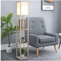 HOMCOM Stehlampe Stehleuchte mit Regalen für Wohn-/Schlafzimmer, Ein-,Ausschalter, ohne Leuchtmittel, Holz Eiche+Weiß 26 x 26 x 160 cm