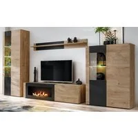 Inn.Furn Wohnwand Heron, (Schrankwand mit integriertem Kamin, 4-St., Eiche und Schwarz, 350 cm), Push-To-Open, inklusive LED Beleuchtung