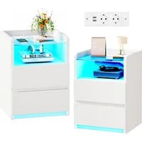 BEWISHOME Nachttisch 2er Set mit RGB-LED-Beleuchtung und Ladestation, 40x35x60 cm (2-St), Gehärtete Glasplatte, 2 Schubladen & Offenes Fach