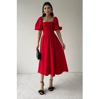 WOMAN VISION Midikleid Trägerloses, ausgestelltes Midikleid mit kurzen Ärmeln
