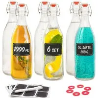 Praknu Trinkflasche 6 Glasflaschen mit Bügelverschluss 1000ml - 6 Extra Dichtungen, Öl Flasche 1L, Saftflasche, Flaschen Aufbewahrung, Likörflaschen