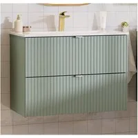 Lomadox Waschtisch NEWPORT-56-GREEN, Waschplatz, Keramik-Waschbecken, grün mit Eiche, 80cm, gerillte Front