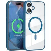 EAZY CASE Handyhülle Transparente Hülle mit MagSafe für iPhone 16 Plus 6,7 Zoll, Silikon Handyhülle, Schutzhülle mit Kameraschutz, Etui magnetisch Blau