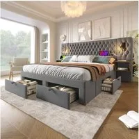 MODFU Polsterbett Vintage Doppelbett (Funktionsbett, 1-tlg., 180 ×200 cm, mit Matratze), mit 2 Nachttischen, 4 Schubladen, USB- & Type-C-Ladeanschluss