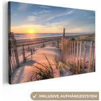 OneMillionCanvasses® Leinwandbild Strand - Meer - Düne - Sonnenuntergang - Landschaft, Fotodruck (1 St), Leinwand Bilder Klein, Wand Dekoration Aesthetic 30x20 cm
