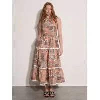 Apricot Maxikleid Druckkleid mit Smokdetails und Rüschen