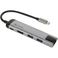 USB 3.2 Gen 1 Multiport-Hub, USB-C Stecker > 2x USB-A + USB-C Buchse + HDMI-Buchse + RJ-45 Buchse, USB-Hub silber/schwarz, PD, Laden mit bis zu 100 Watt