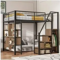 Odikalo Hochbett Kinderbett Jugendbett Metallbett 140x200 (Multifunktionales Hochbett 140 x 200 cm, Metallbett mit Stauraum, Ablageflächen und Treppe, Erwachsenenbett und Kinderbett, Schwarz)