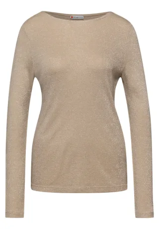 Street One - Glitzerndes Langarmshirt beige - Gr. - 34