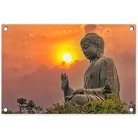 OnlyWow Poster für Garten Buddha - Sonnenuntergang - Buddha-Statuen - Pflanzen, Gartenposter, Outdoor Bilder, Gartendekoration Bild, 60x40 cm