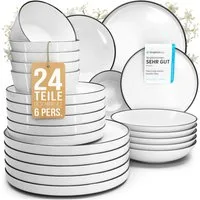 PURE LIVING INTERIOR DESIGN Geschirr-Set Pure Living »Scandi« (24-tlg), 6 Personen, Porzellan weiß, 6 Personen, Porzellan, Zeitloses skandinavisches Design, Eleganter schwarzer Rand, Minimalis…