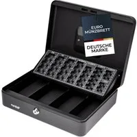 HMF Geldkassette Abschließbare Bargeldkasse mit Münzzählbrett und 4 Banknotenfächern, robuste Geldbox mit Schlüssel, 30,5 x 24 x 8,5 cm, schwarz
