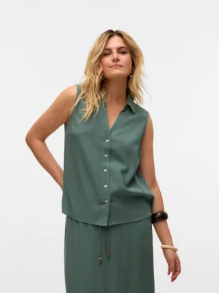 Vero Moda Blusentop "VMMYMILO SL V-NECK SHIRT WVN GA" mit Leinen