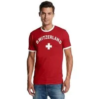 coole-fun-t-shirts Print-Shirt Schweiz T-Shirt Rot mit Kontrastbündchen – Fan-Shirt Freizeit Fussball Schweiz Trikot RetrolStyle Fußball Fan T-Shirt