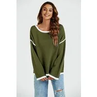 FS Collection Strickpullover Trendiges Oversize Pullovertop Pulloveroberteil – Damen Strick (Einheitsgröße: UK 8–16 / EU 36–44, 4 Farben: Marineblau, Beige, Schwarz und Khakigrün) 85 % Acryl, 15 % Polyester