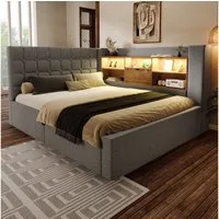 OKWISH Polsterbett Polsterbett 140x200 cm aus Leinen mit Stauraum und LED-Beleuchtung (Struraumbett, Funktionsbett, 1-tlg., L-förmigem Kopfteil mit Stauraum, beidseitig montierbar), Hydraulisches Bett mit LED-Beleuchtung & USB/Type-C Ladestation