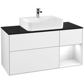 Villeroy und Boch Finion Waschtischunterschrank F172GFGF 120cm, Abdeckplatte black matt, Regal rechts Glossy white lacquer, Glossy white lacquer