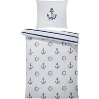 MTOnlinehandel Bettwäsche Anker 135x200 + 80x80 cm, Renforcé, maritimes Design in Hellgrau/Blau, 100% Baumwolle, 2 teilig, Küstenflair zum Wohlfühlen