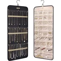 TUWENA Schmuckständer Hängender Schmuckorganizer, Schmuckaufbewahrung Doppelseitige, Mit 32 Taschen und 3 Metallhaken Ketten für Ohrringe Halsketten Ringe