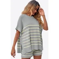 Imily Bela Hausanzug Damen Sommerliche Strick Lounge Shorts Sets (Set, 2 tlg., Kurzarm-Tops mit Fledermausärmeln + Shorts mit hohem Bund) Streifen