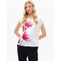 Passioni T-Shirt in weiß mit pinken Blumen Sommer T-Shirt mit pinken Blumen und Glitzersteinen