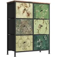 FUROKOY Kommode Stauraumschrank,Schrank Schlafzimmer,Metallrahmen,Retro Stil, Blumenmuster,6 Schubladen