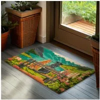 BRUBAKER Fußmatte Hund und Katze auf Bank vor Bergsee mit Blumen - Schmutzfangmatte, Rechteckig, Höhe: 15 mm, Fußmatte für Außen und Innen - Wetterfest und Rutschfest - 45 x 75 cm