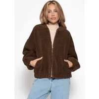 SASSYCLASSY Bomberjacke Bomberjacke aus Teddyfell für Damen Kuschelige Jacke im oversized Fit mit breiten Bündchen Beige Braun