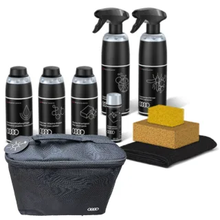 Original Audi Sommer Pflegemittel Tasche Felgenreiniger Wachs Shampoo Glaspolitur Kunststoff Pflege Mikrofasertuch Schwamm