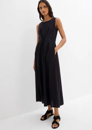 bonprix Maxikleid aus leichtem Leinen-Viskose-Mix, schwarz, Gr.42, Weites figurumspielendes Kleid aus Leinen betont die Taille durch Tunnelzug, aus Viskose