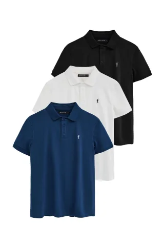 Dreierpack Herren-Poloshirts im Slim Fit schwarz, weiß und indigoblau mit gesticktem Rigby Go Logo